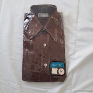 70s Deadstock Boys Brown Dagger Collar‎ Shirt